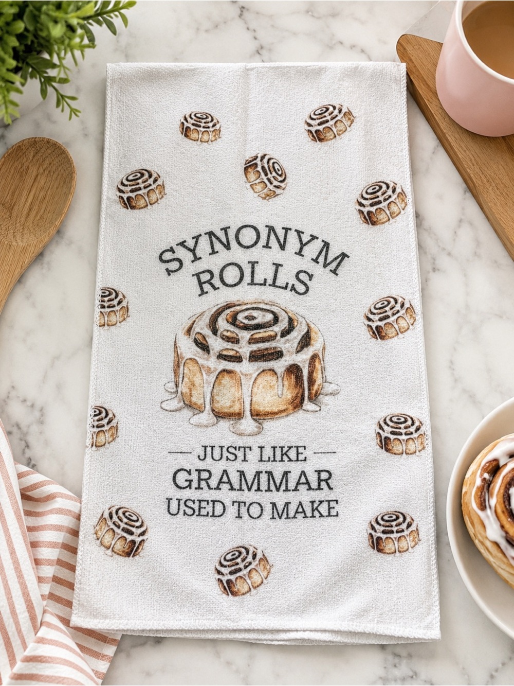 Cinnamon Roll Kitchen Tea Towel - White with Brown Accents
